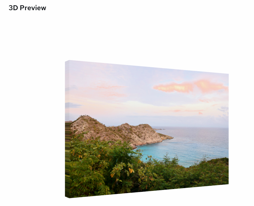 Canvas print of a coastal landscape with mountains and ocean.